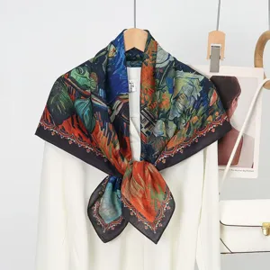 Artistic oil painting floral print silk wool square scarf detail display, elegant double-sided pattern.