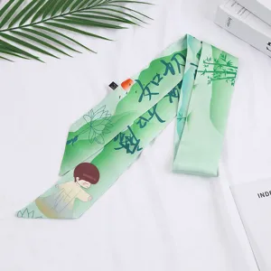Chinese stijl smalle zijden sjaal twilly, groen cartoon print lint voor tas en haar.