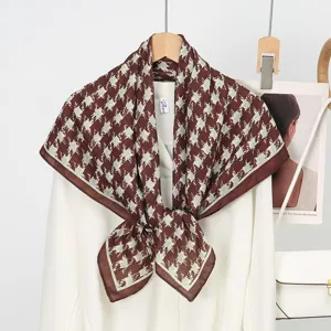 Classic houndstooth silk wool square scarf, double sided print, elegant autumn winter accessory.