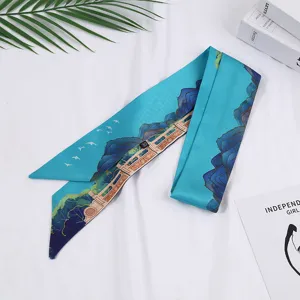 Zijden twilly sjaal voor dames, turquoise landschap print lint, stijlvolle haarband.