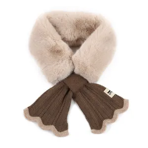 Winter plush faux fur neck warmer for women, knitted scalloped scarf cozy winter collar.