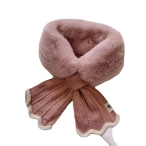 Pink plush knitted cross scarf, cute faux rabbit fur winter warm fish-tail neck warmer.