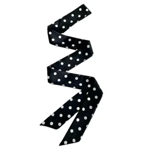 Black and white polka dot silk twilly scarf for women, stylish hair ribbon and bag accessory.