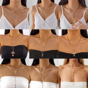 Layered Cross Pendant Necklace Alloy Rhinestone Multi Layer Chain Sweater Necklace For Unisex Party Jewelry Gift