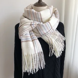 Chic plaid cashmere-feel winter scarf with warm tassels, elegant daily wear main display