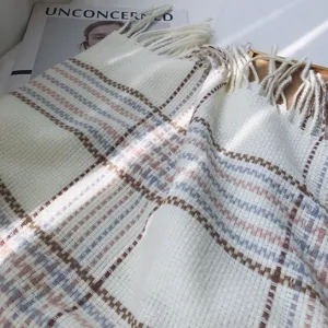 Cozy imitation cashmere plaid scarf for women, thick warm winter tassel shawl wrap.