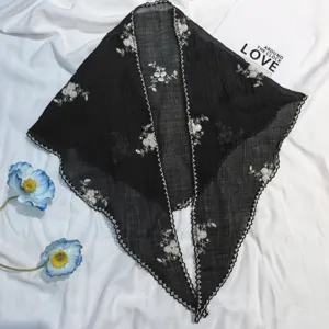 Foulard triangulaire brodé de fleurs en lin et coton polyvalent pour femme printemps léger