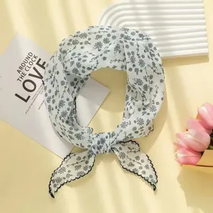 Cotton linen floral triangle scarf, vintage small neckerchief for stylish summer daily wear.