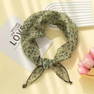 Green floral cotton linen triangle scarf detail, pastoral style neckerchief with black lace.
