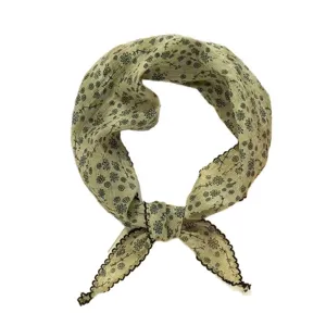 Green cotton linen floral triangular scarf summer pastoral neckerchief bandana shawl