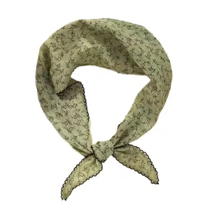 Vintage floral cotton linen triangle scarf for women, stylish neckerchief for spring and summer.