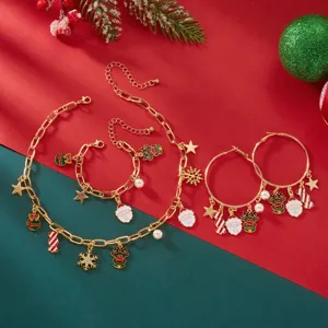 Festive gold-tone Christmas jewelry set with Santa, reindeer and snowflake charms