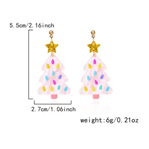 Pink acrylic Christmas tree earrings detail with 5.5cm height and 6g weight measurements