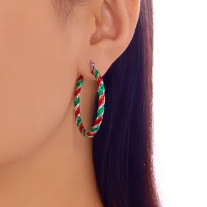 Fashionable red and green twisted glitter hoop earrings for women's Christmas festive look