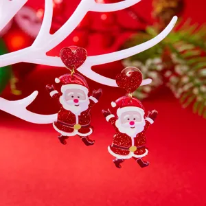 Festive red glitter heart and Santa Claus acrylic drop earrings for Christmas holiday