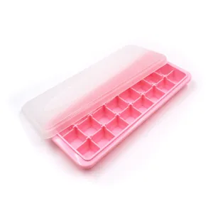 Bandeja de hielo de silicona rosa con tapa, molde rectangular flexible para facil congelacion.