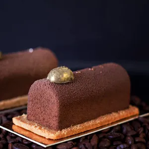 Detailed close-up view of long strip chocolate mousse dessert made with silicone baking mold.
