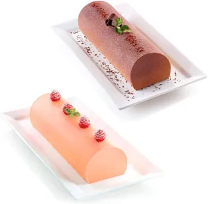 Silicone long strip cake mold display showing finished chocolate and raspberry mousse desserts.