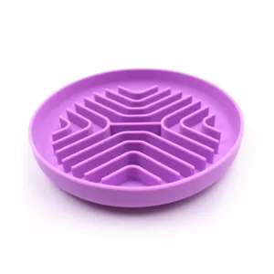 Purple silicone dog slow feeder lick mat with anti-choke maze pattern for healthy eating