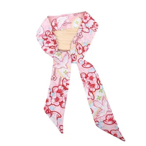 Roze Bloemen Twilly Zijden Sjaal Smalle Lint voor Handtas Handvat en Nek Mode Stijl
