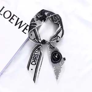 Black and white printed skinny silk twilly scarf for women stylish neck hair bag ribbon