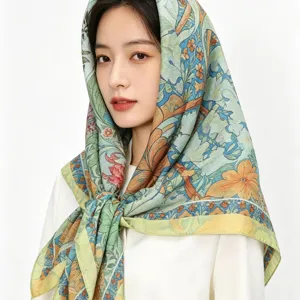 Elegant silk wool square scarf with vintage floral print for women, soft and stylish.