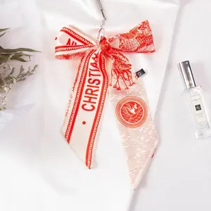 Red white silk twilly ribbon scarf bag charm vintage printed decorative ribbon bow accessory.