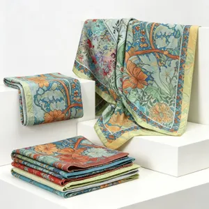 Elegant silk wool square scarf featuring vintage floral print, luxurious draped accessory.