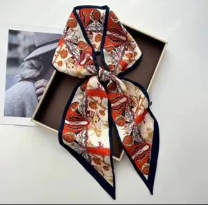 Luxury style skinny silk scarf with elegant carriage print, perfect for bag ribbon or neck wear.