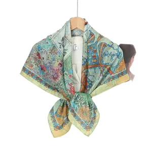 Retro floral print square silk scarf, elegant women fashion accessory for all seasons.