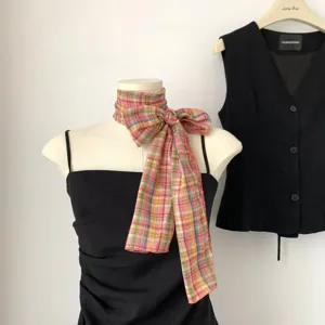 Colorful plaid dopamine headscarf French vintage small neck scarf for photo shoot accessories