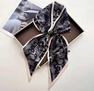 Black and white printed silk twilly scarf, vintage style ribbon for bag or neck decoration.
