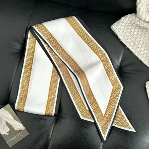 Elegant white and gold geometric pattern silk ribbon scarf for women, chic bag charm twilly.