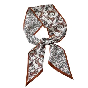 Elegant women's skinny silk twilly scarf with classic paisley pattern and brown border.