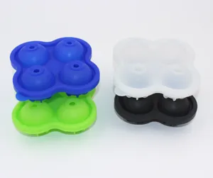 Silicone 4 cavity ice ball mold detail view showing stackable colorful sphere ice trays.