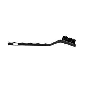 Side view of a black plastic cleaning brush with ergonomic handle and stiff bristles