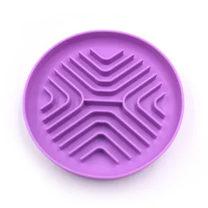 Detailed macro view of a purple silicone pet slow feeder mat with a maze pattern