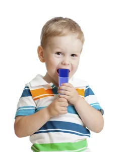 Silicone ice pop mold with blue lid, flexible and safe material for homemade frozen treats.