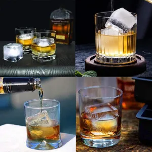 Fotografía de estilo de vida de grandes cubitos de hielo cuadrados en vasos de whisky