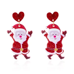 Festive red glitter Santa Claus acrylic drop earrings with heart stud for Christmas holiday.