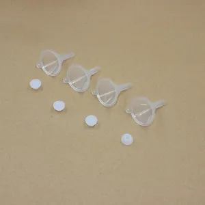 Mini transparente Kunststofftrichter und passende Stopfen Set, Detailansicht der Zubehörteile.