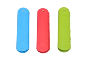 Silicone pot handle cover detail showing multi-color options and textured non-slip design.