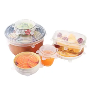 Silicone stretch lids detail showing transparent reusable bowl covers for food storage.