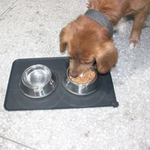Silikon Haustier Futtermatte Detailansicht mit doppelten Edelstahlnapfen fur Hunde und Katzen.