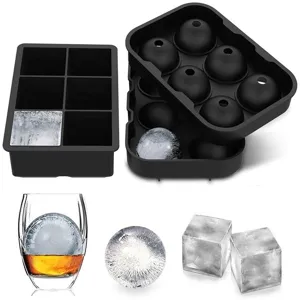 Schwarze Silikon Eiswuerfelform und Kugel Eisbereiter Set, ideal fuer Whisky und Cocktails.