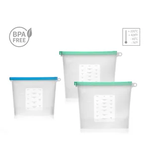 Reusable silicone food storage bags with scale marks, leakproof freezer bags for fruit meal prep.