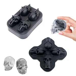 Schwarze Silikon Totenkopf Eiswuerfelbereiter Form Set fuer Whiskey Cocktails 3D form.