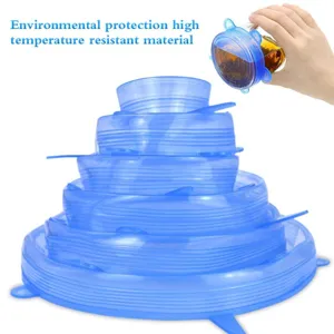 Silicone stretch lids detail showing blue reusable bowl covers stack and cup usage demonstration.