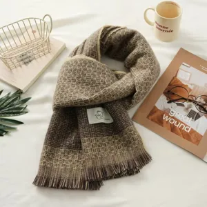 Cozy brown plaid winter scarf with cute bear label, soft tassel design for daily warmth.