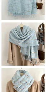 Light blue plaid tassel cashmere-feel winter scarf for women, soft warm cozy neck wrap.